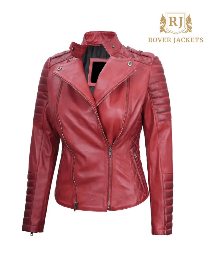 Womens Biker Asymmetrical Maroon Padded Leather Jacket