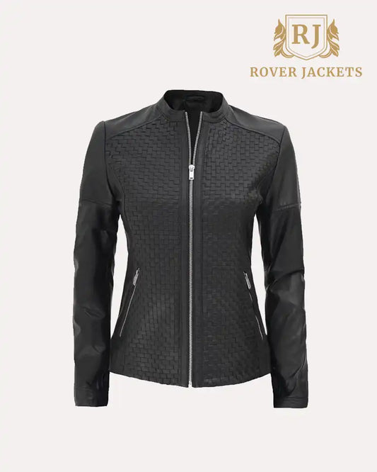 Womens Black Textured Slim Fit Leather Jacket