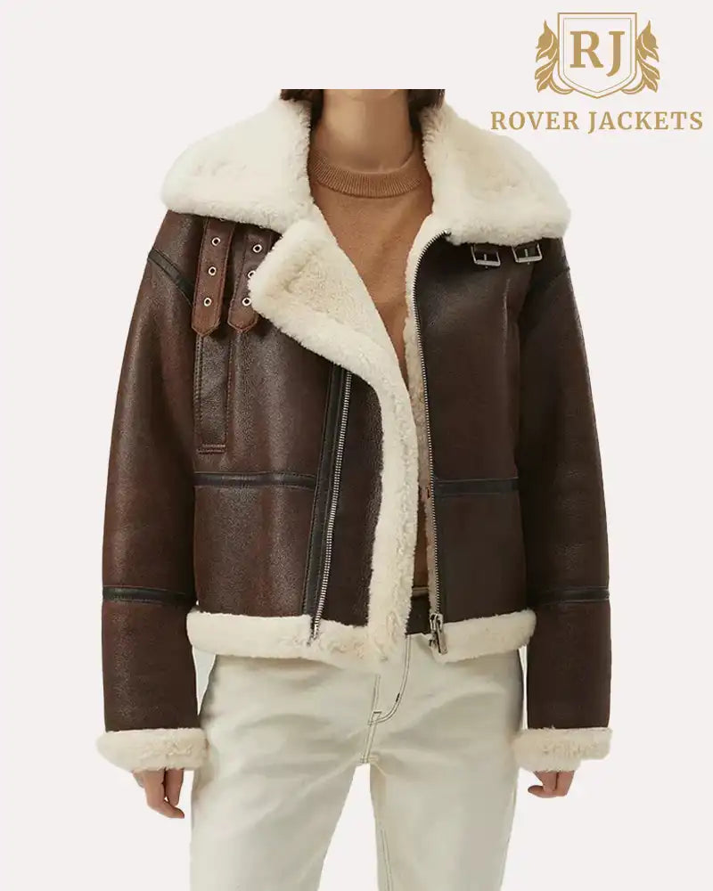 Womens Chocolate Brown Leather Shearling Aviator Jacket