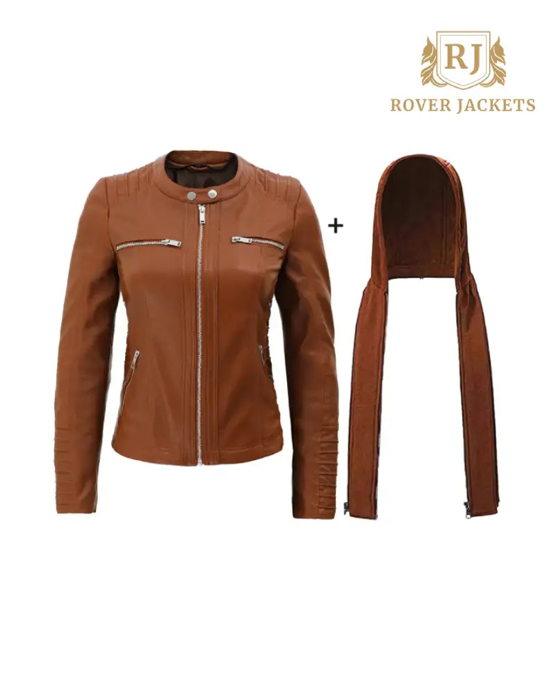 Womens Cognac Slim Fit Leather Jacket With Removable Hood