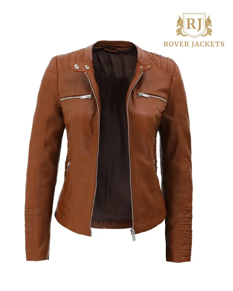 Womens Cognac Slim Fit Leather Jacket With Removable Hood