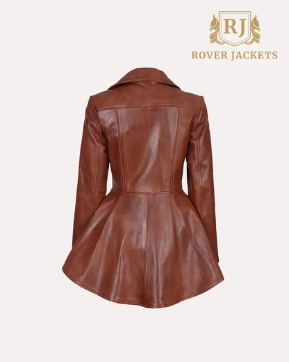 Womens Cognac Peplum Leather Jacket Clarissa