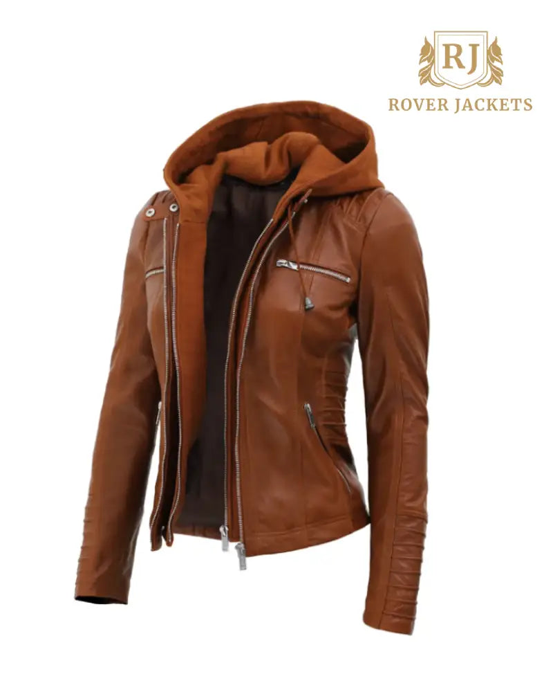 Womens Cognac Slim Fit Leather Jacket With Removable Hood