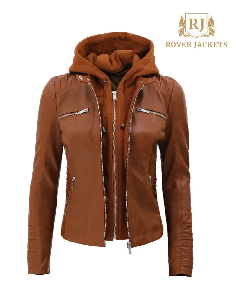 Womens Cognac Slim Fit Leather Jacket With Removable Hood