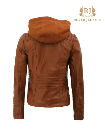 Womens Cognac Slim Fit Leather Jacket With Removable Hood