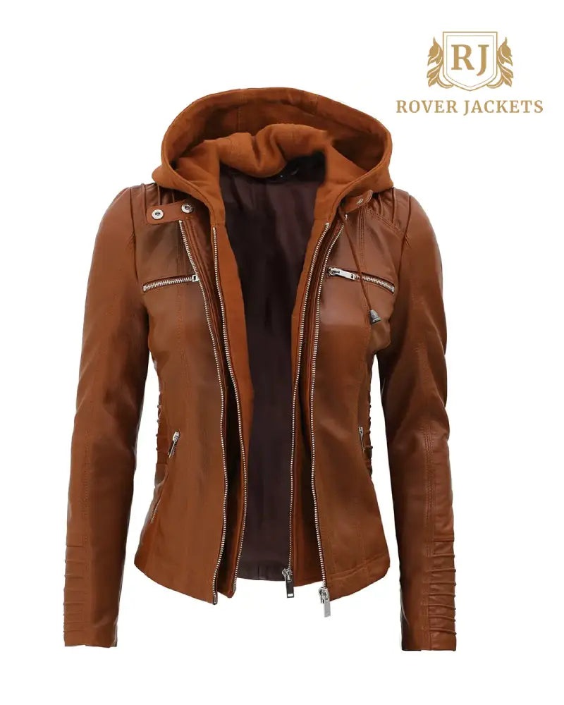 Womens Cognac Slim Fit Leather Jacket With Removable Hood