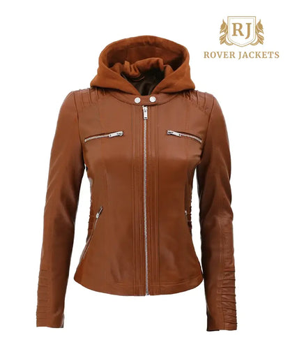 Womens Cognac Slim Fit Leather Jacket With Removable Hood