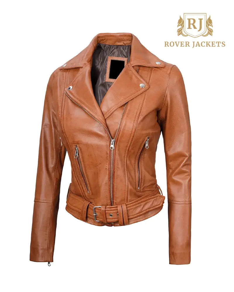 Womens Light Brown Asymmetrical Leather Biker Jacket - Belted