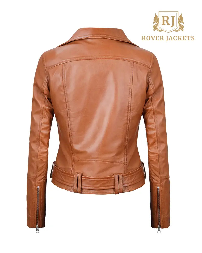 Womens Light Brown Asymmetrical Leather Biker Jacket - Belted