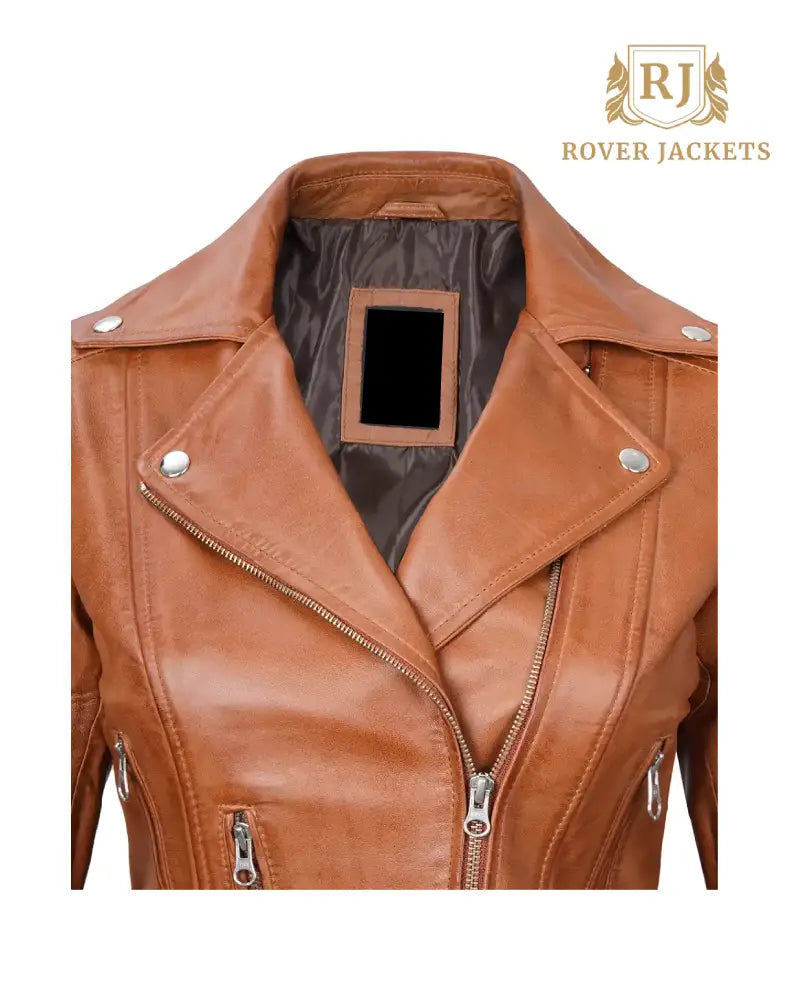 Womens Light Brown Asymmetrical Leather Biker Jacket - Belted