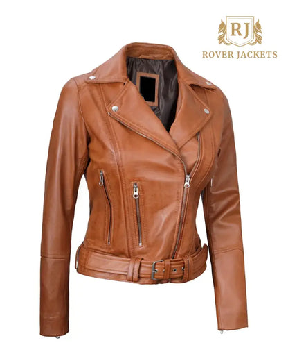 Womens Light Brown Asymmetrical Leather Biker Jacket - Belted