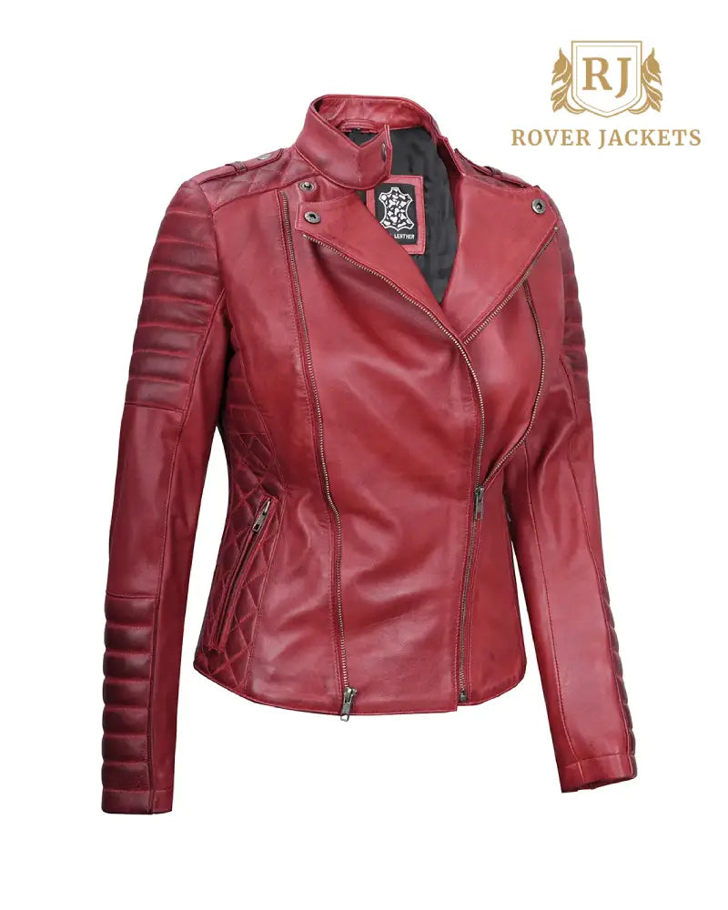 Womens Biker Asymmetrical Maroon Padded Leather Jacket