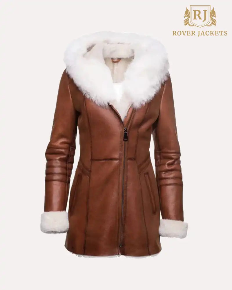 Womens Tan Shearling Trench Style Leather Coat with Fur Hooded