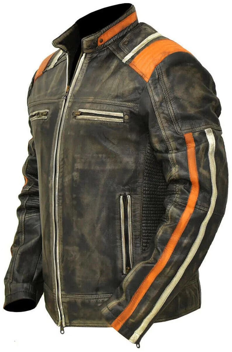 Vintage Style Leather Motorcycle Jacket with Racing Stripes