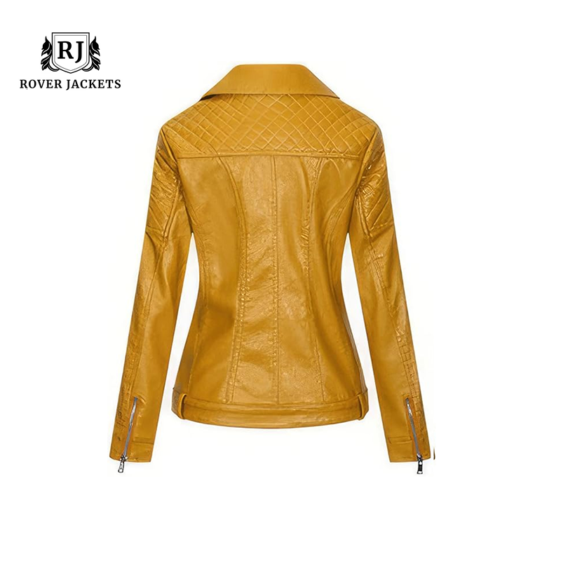 Womens Mustard Bike Moto Riding Cafe Racer Retro Leather Jacket
