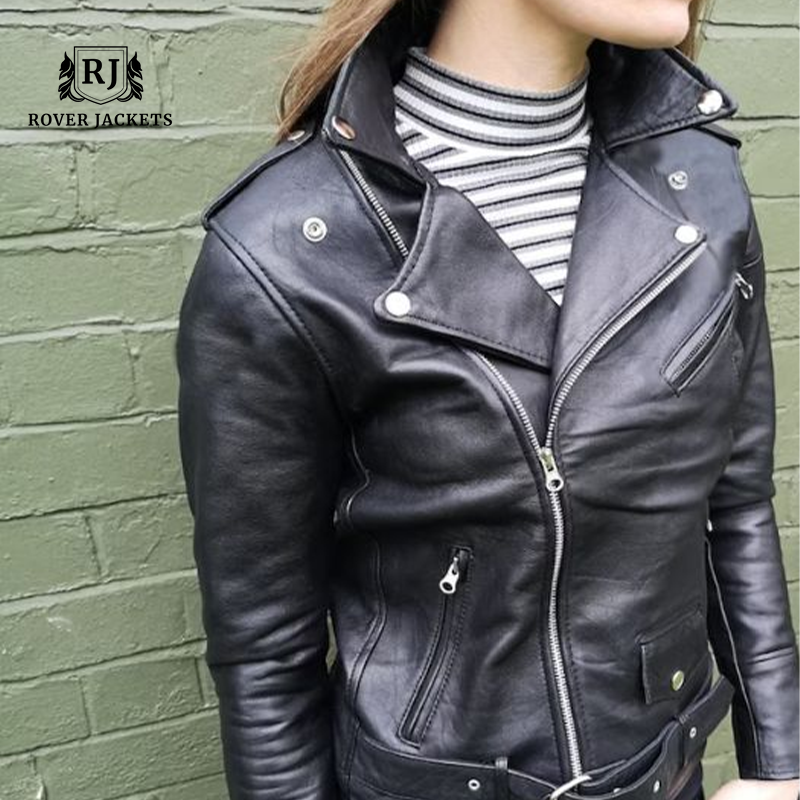 Women's Black Leather Biker Jacket Made Of 100% Real  Leather