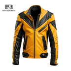 Womens Black and Yellow Moto Rider Leather Jacket