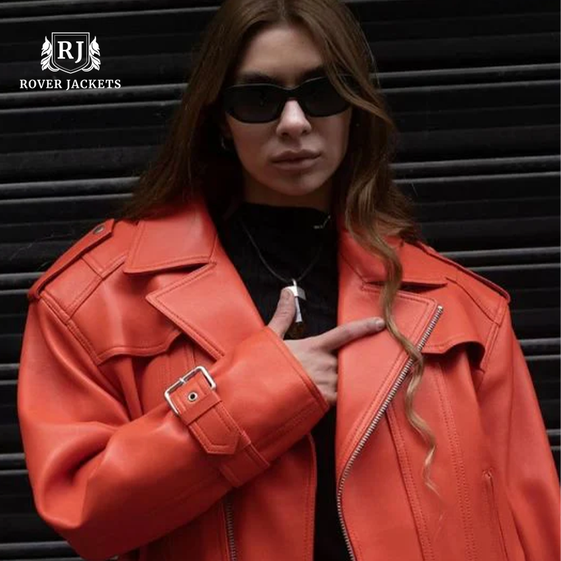 Women's Orange Oversized Leather Jacket
