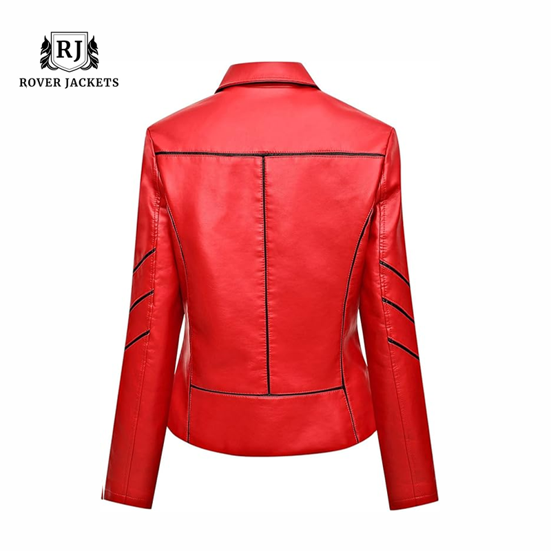 Womens Red Motorcycle Black Stripes Leather Jacket