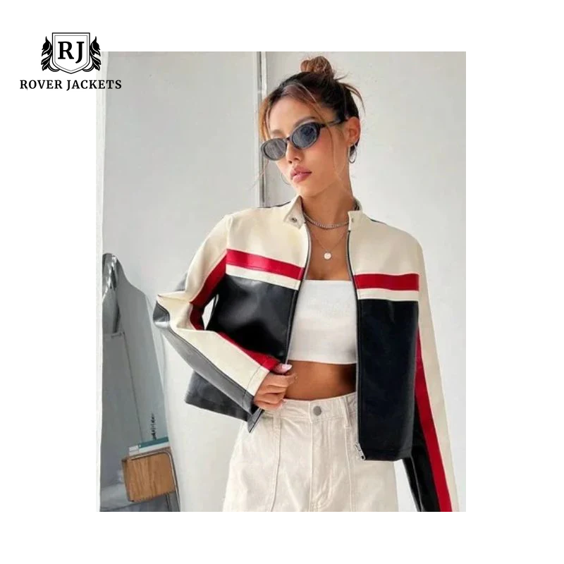 Women Oversized Colorblock Cropped leather Jacket