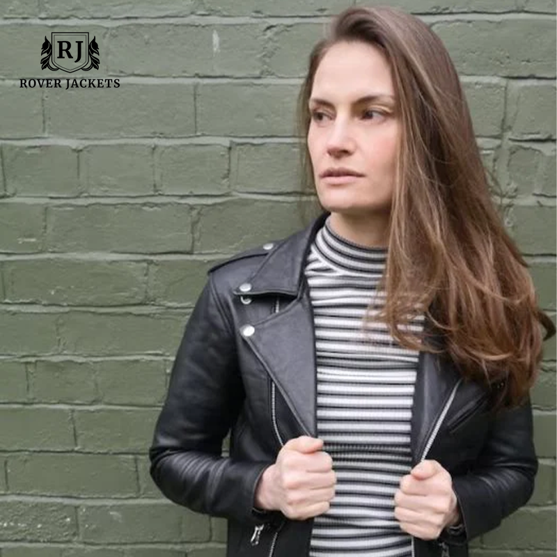 Women's Black Leather Biker Jacket Made Of 100% Real  Leather