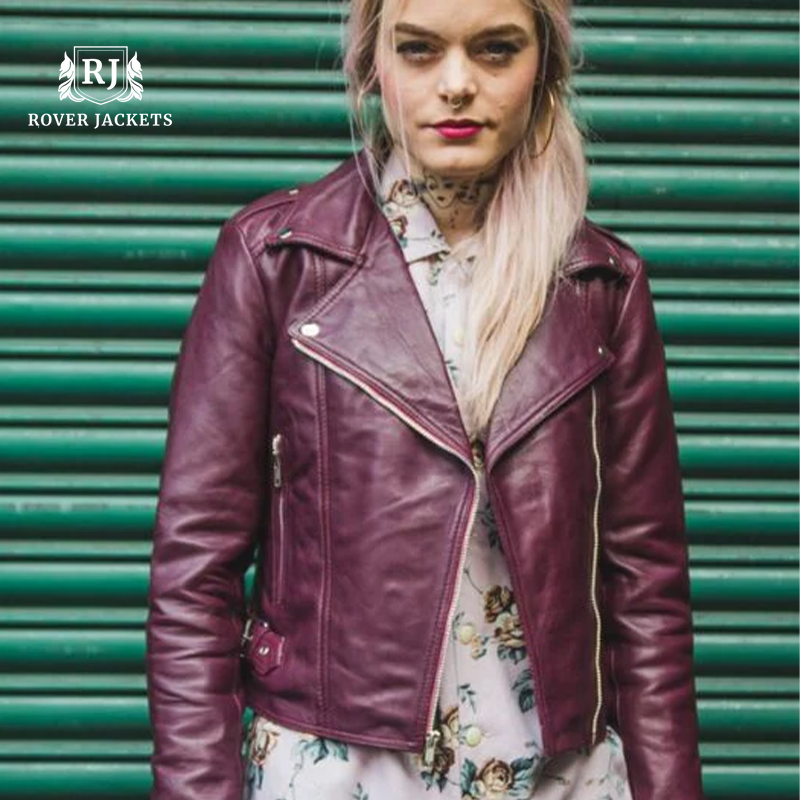Women's Maroon Leather Biker Jacket
