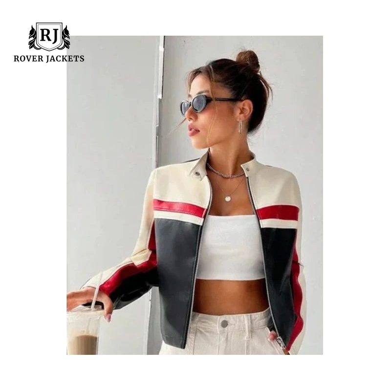 Women Oversized Colorblock Cropped leather Jacket