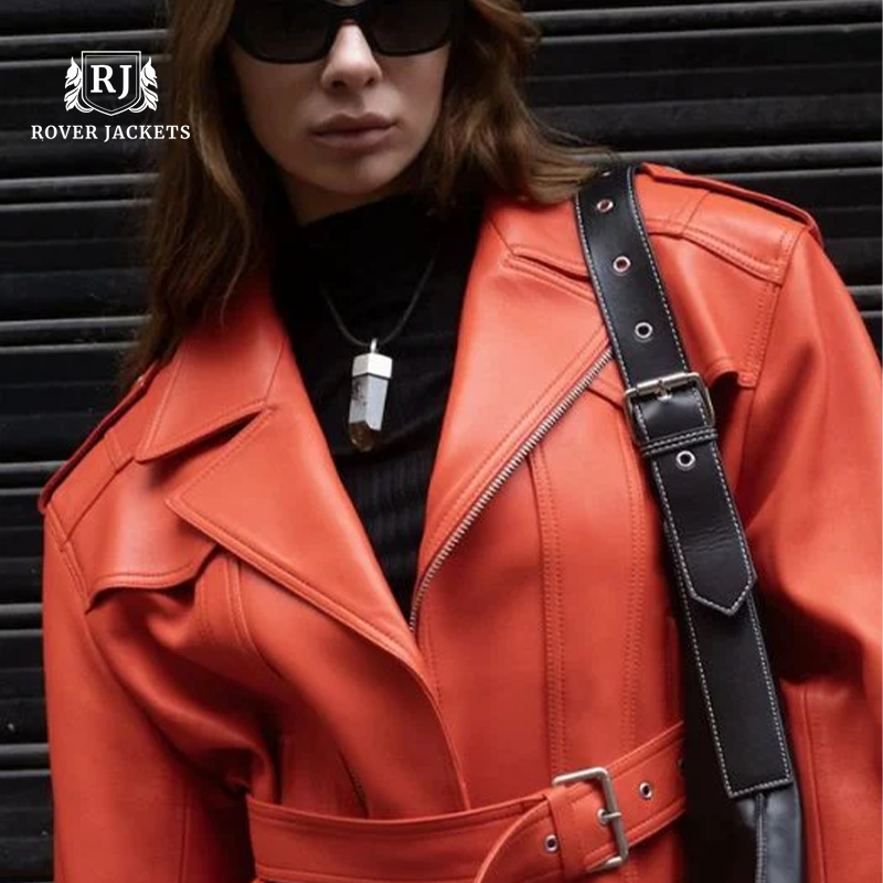 Women's Orange Oversized Leather Jacket